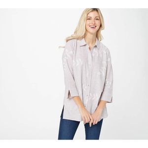 Susan Graver women Printed Linen Blend Button-Front Tunic Shirt Tan